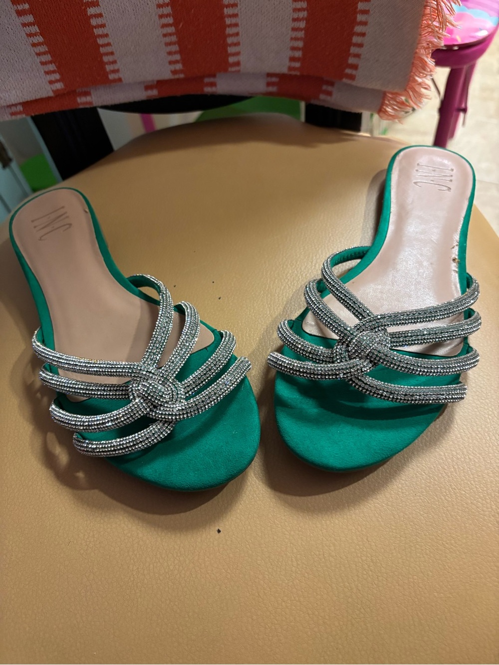 INC International Concepts Emerald Green Slide Mules with Silver Crystal Straps